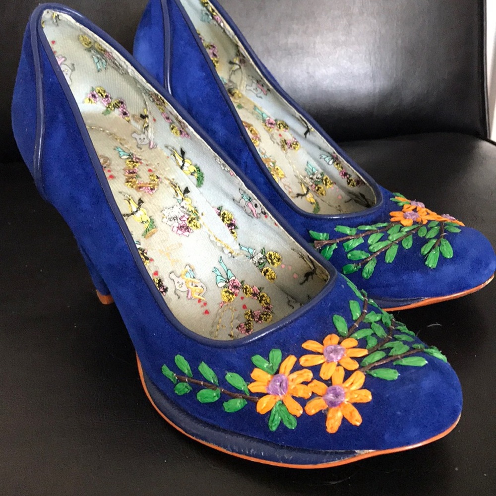 Blue floral suede heels